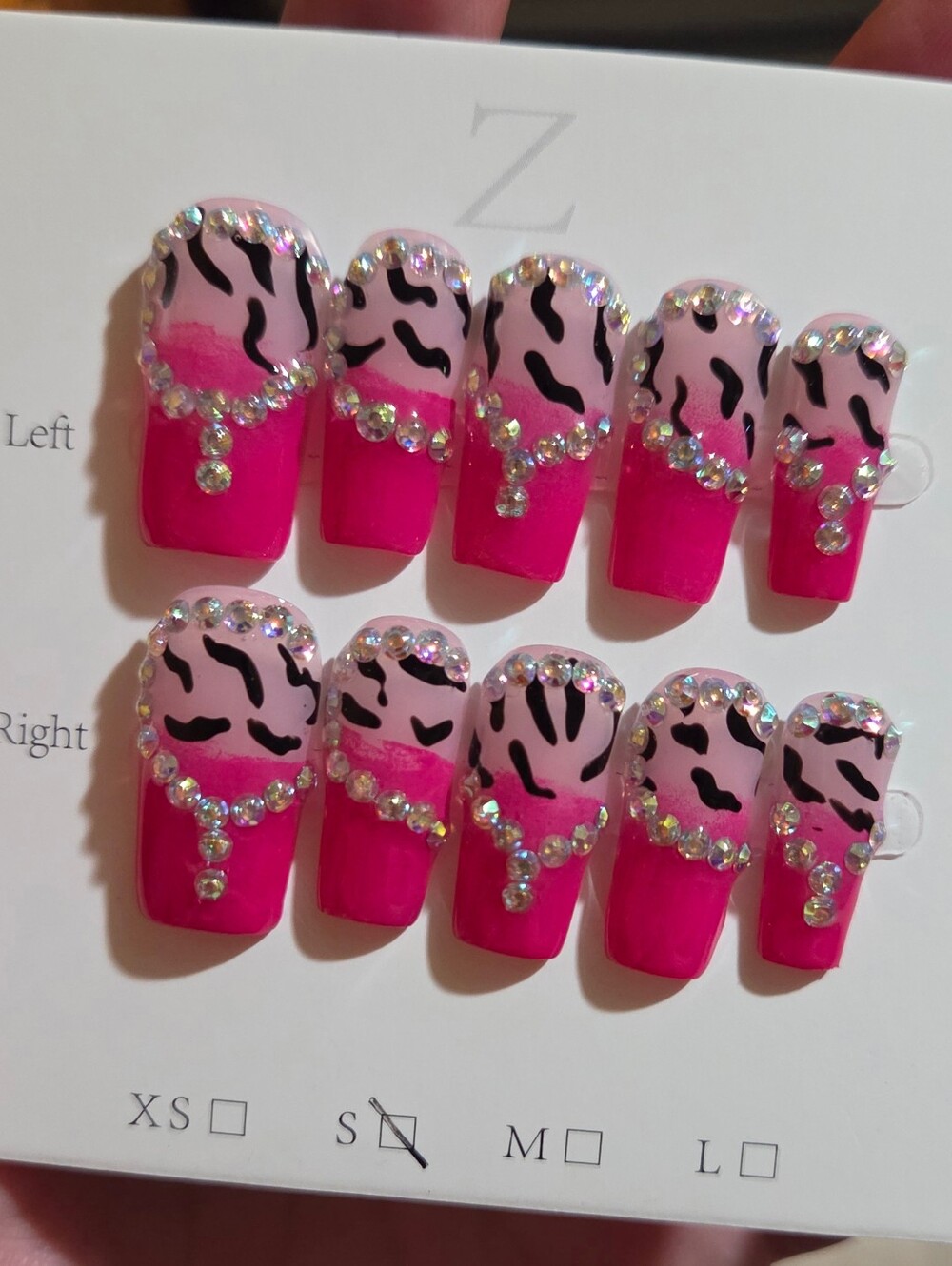 Y2K Hot Pink Zebra Rhinestone McBling Custom French Tip 2.5 Square PressOn Nails